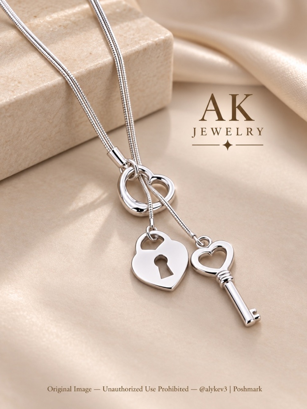 💎Luxury Silver Heart Lock & Key Lariat Necklace 18” Snake Chain | AK Jewelry™